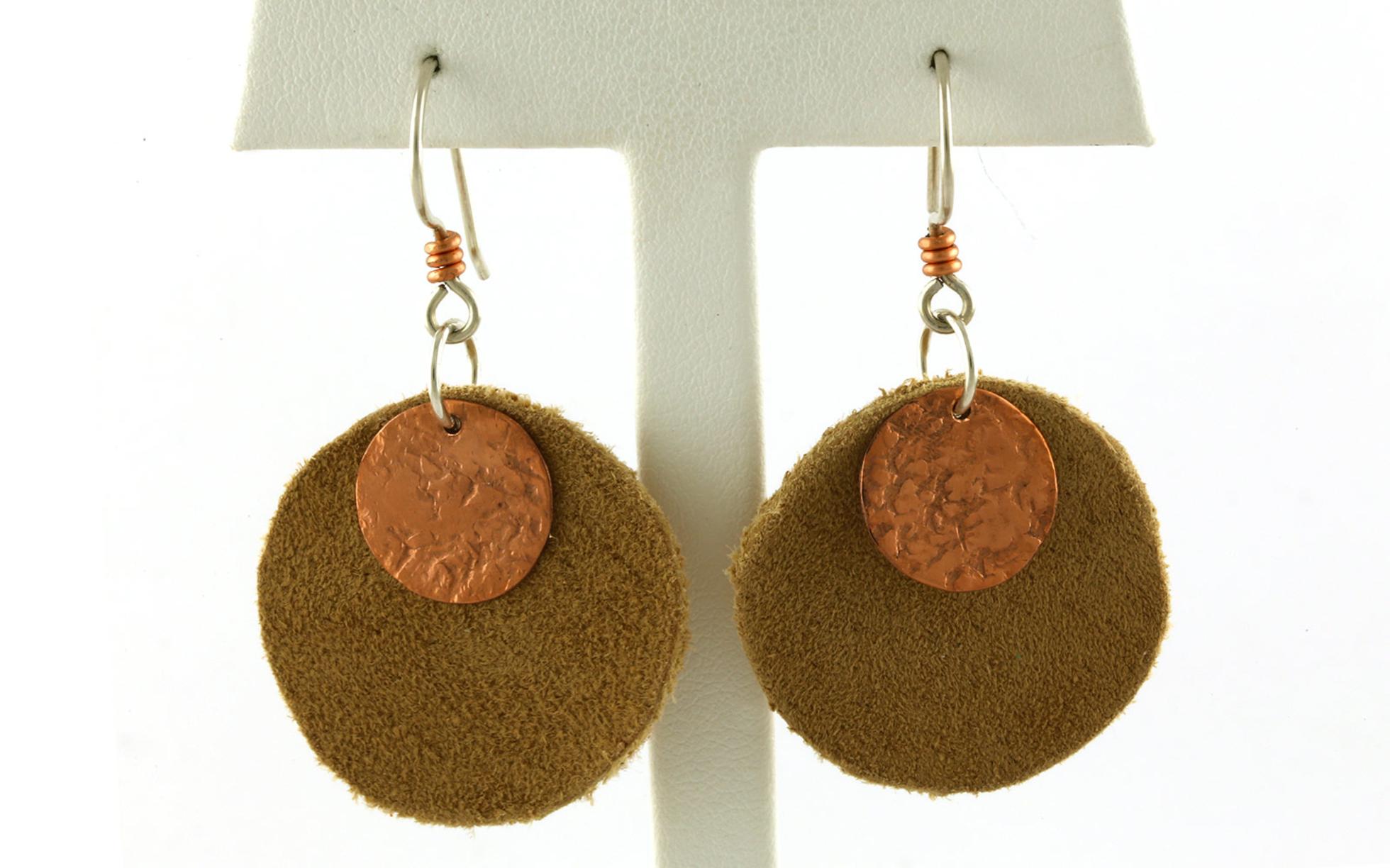Double Disc Dangle Earrings in Tan Suede and Copper
