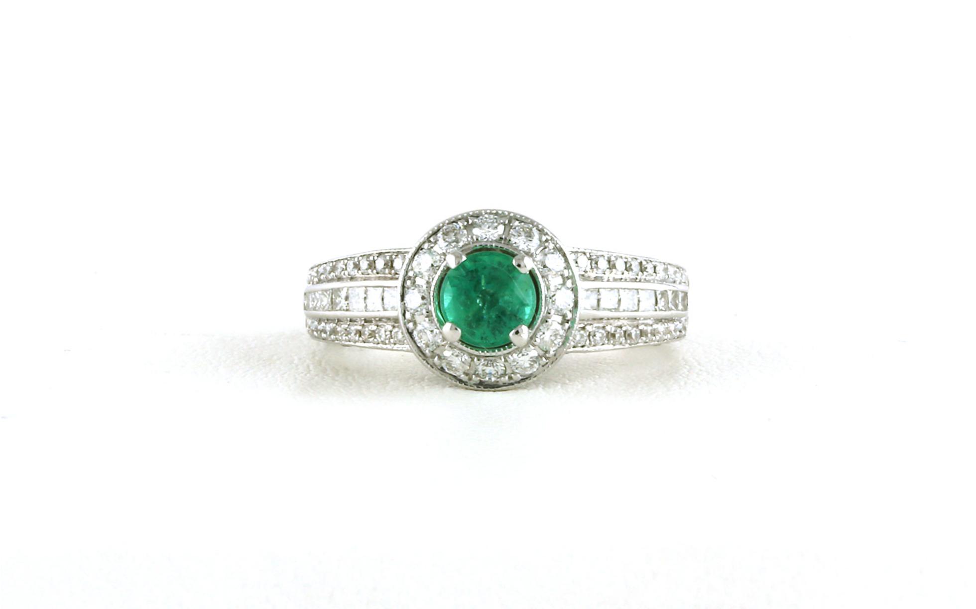 Estate Piece: Antique Three Channel Emerald Halo Ring in White Gold
