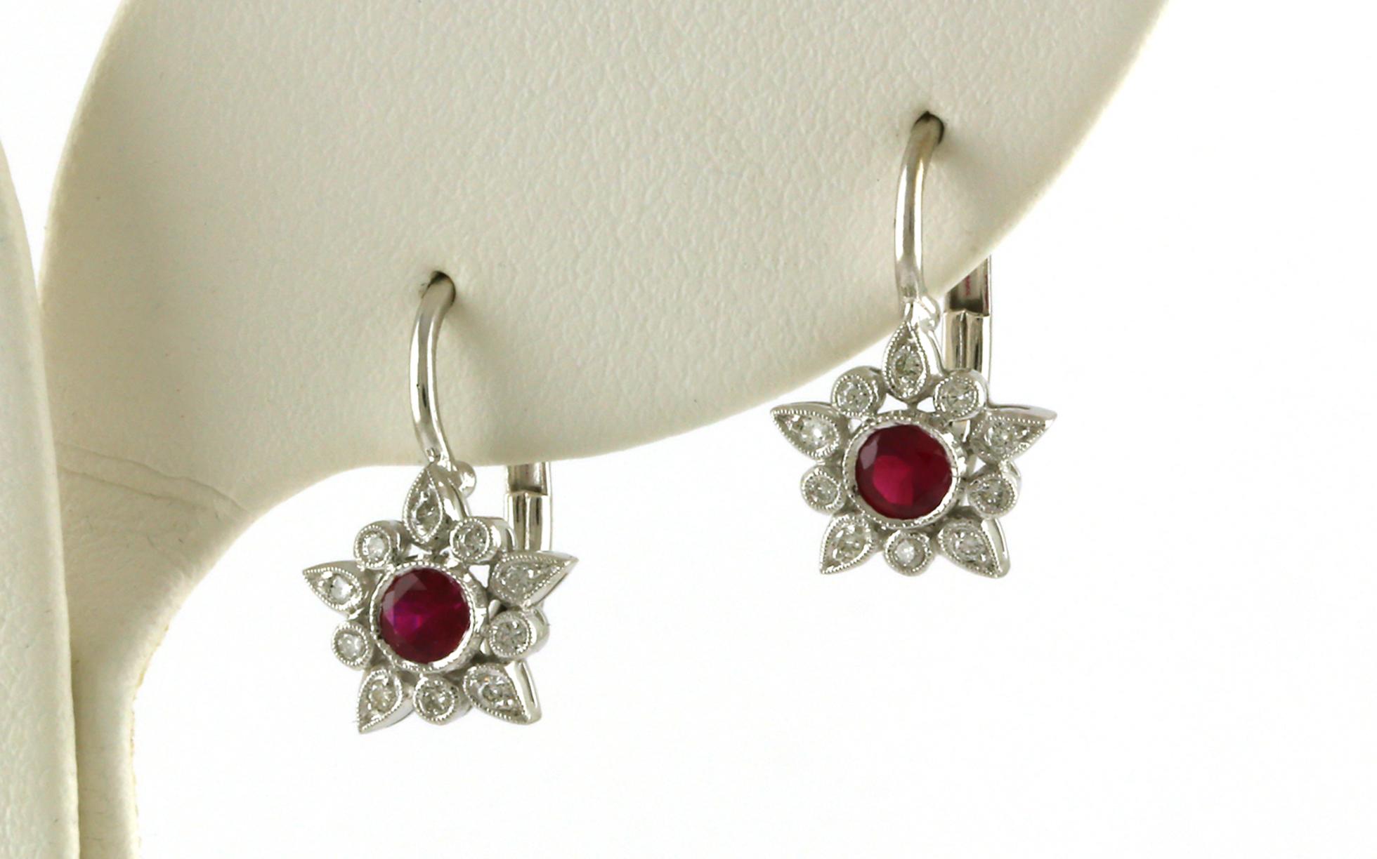 Estate Piece: Starburst Bezel-set Ruby and Diamonds Dangle Earrings in White Gold (0.60cts TWT)