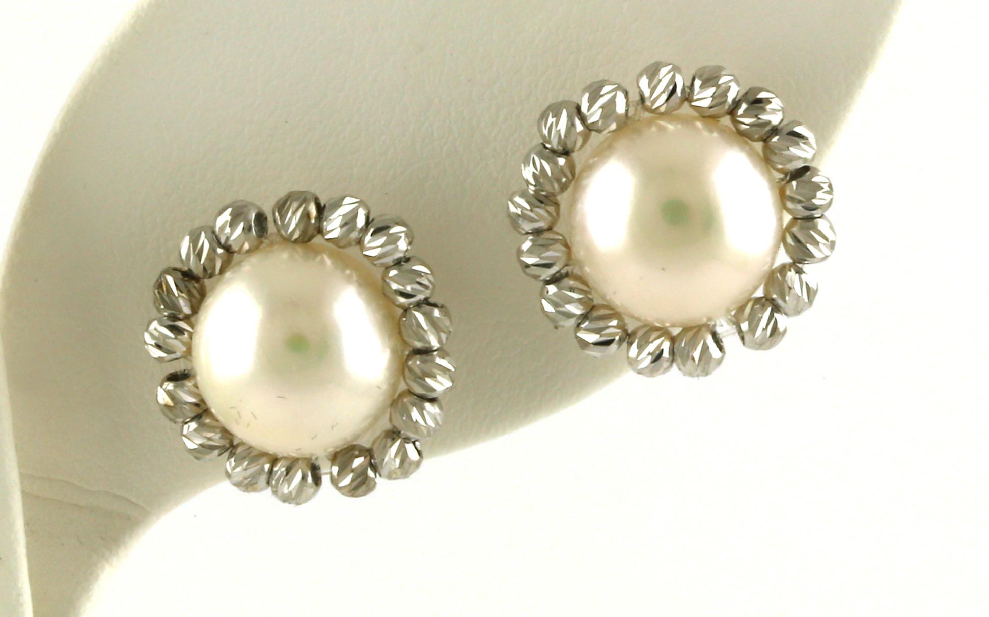 Button Pearl Stud Earrings with Sparkle Bead Halos in Sterling Silver (9.5 - 10mm)