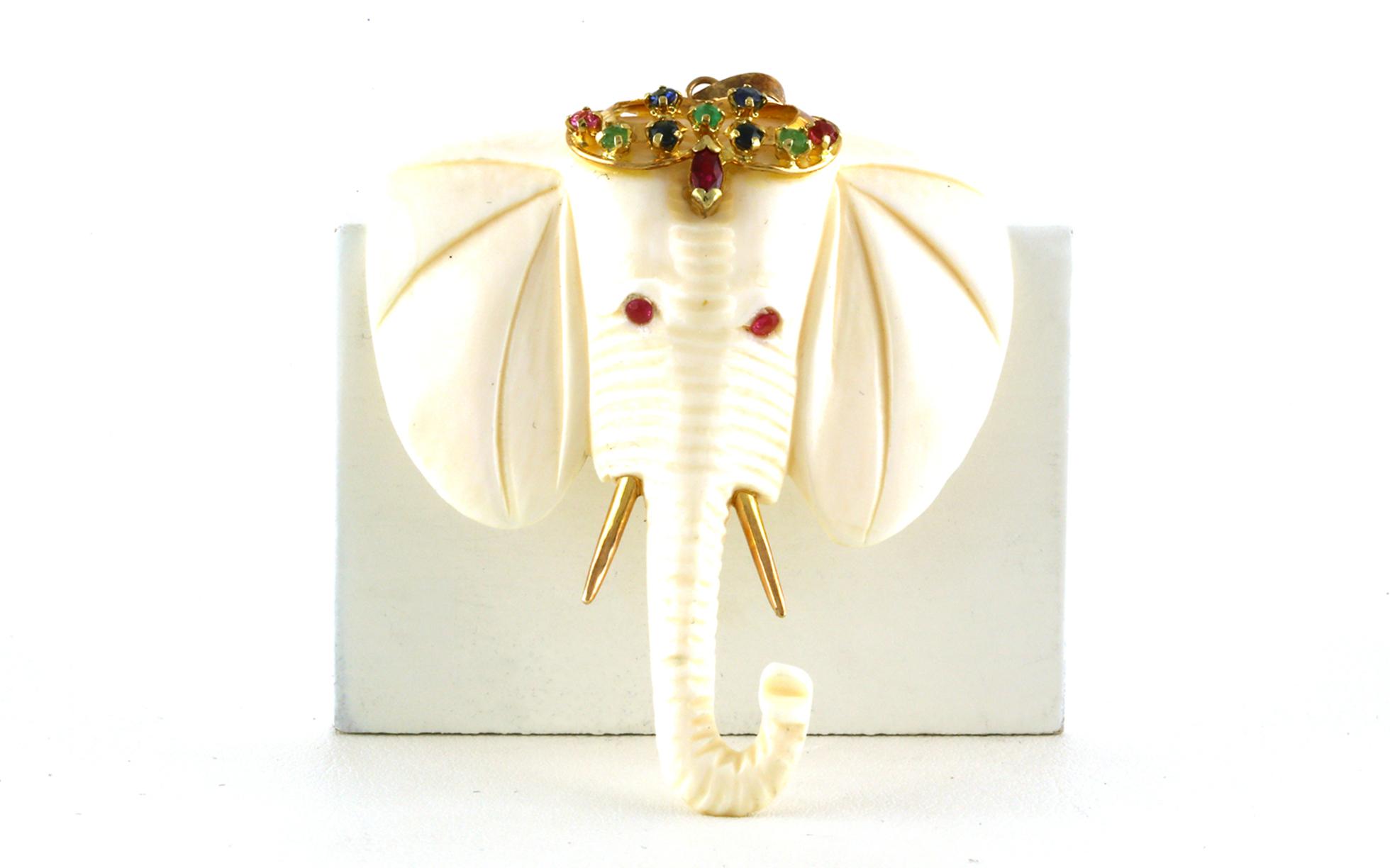 Estate Piece: Large Bone Elephant Pendant with Ruby, Sapphires, and Emeralds in Yellow Gold