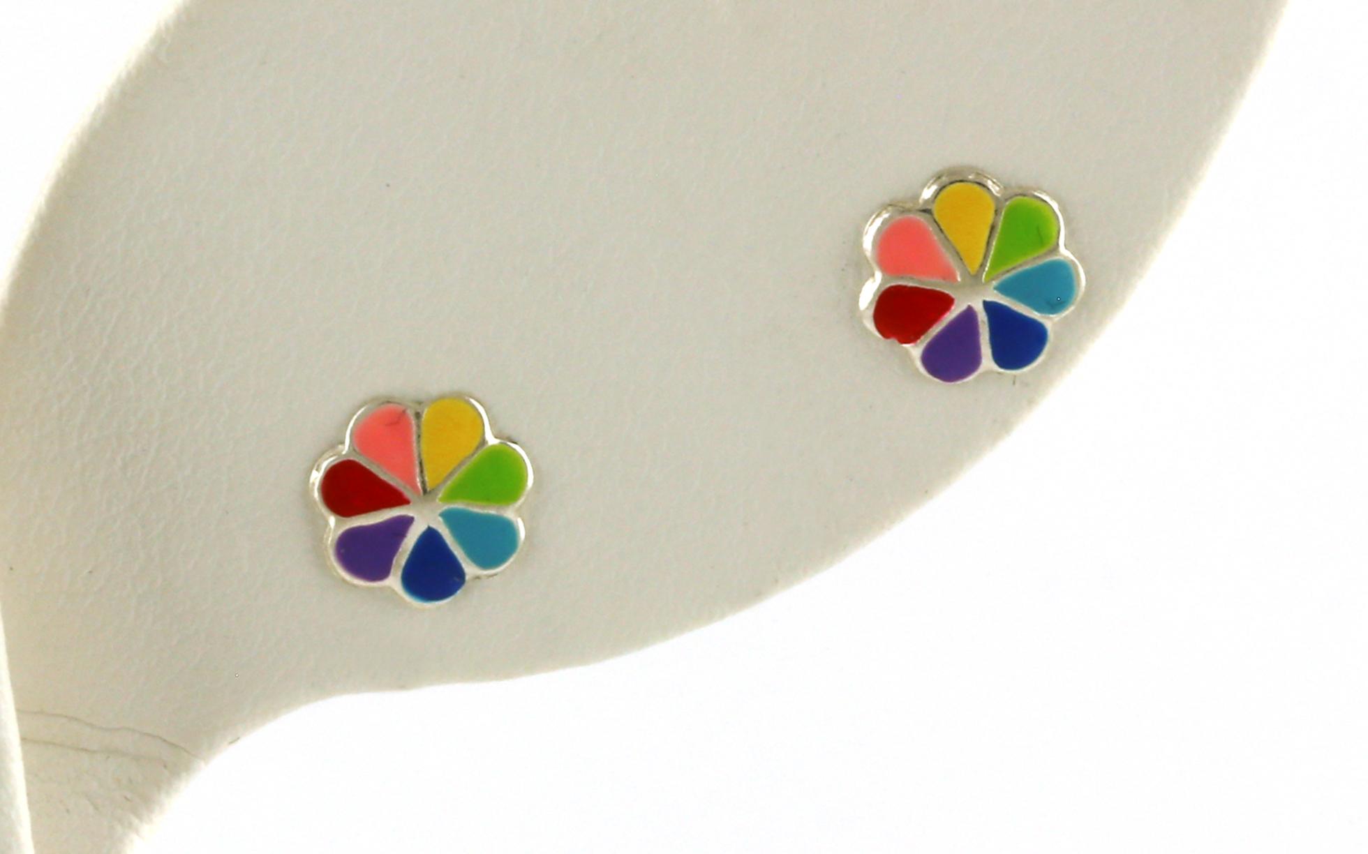 Children's Enamel Rainbow Pinwheel Stud Earrings in Sterling Silver