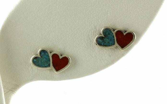 content/products/Double Heart Turquoise and Coral Inlay Stud Earrings in Sterling Silver