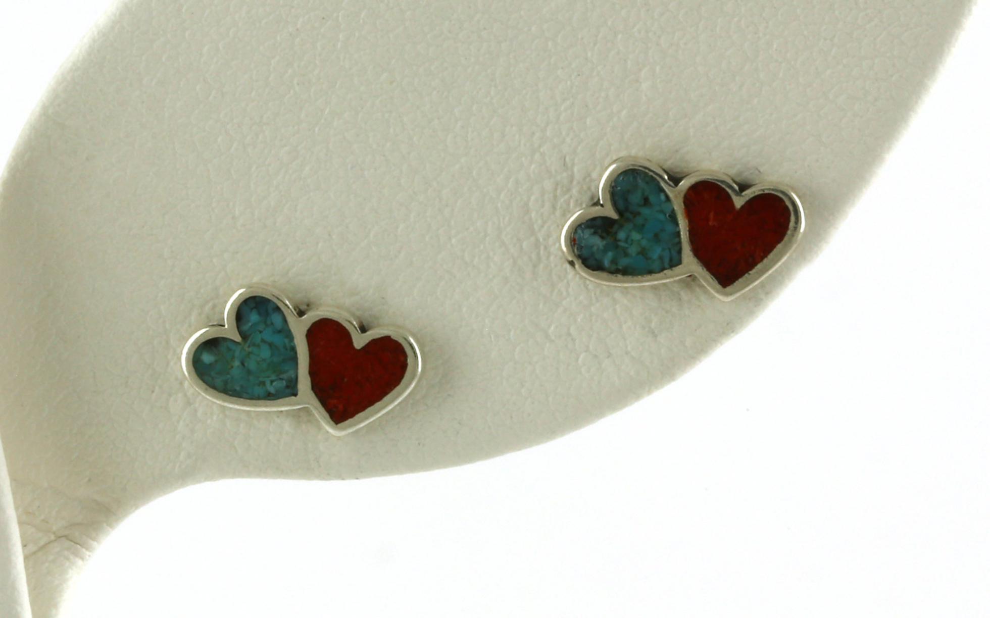 Double Heart Turquoise and Coral Inlay Stud Earrings in Sterling Silver