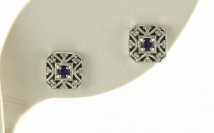 content/products/Vintage-style Filigree Huckleberry Yogo Sapphire and Diamond Earrings in White Gold (0.22cts TWT)