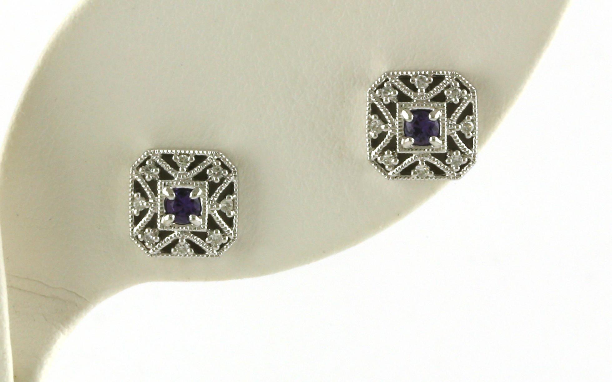 Vintage-style Filigree Huckleberry Yogo Sapphire and Diamond Earrings in White Gold (0.22cts TWT)