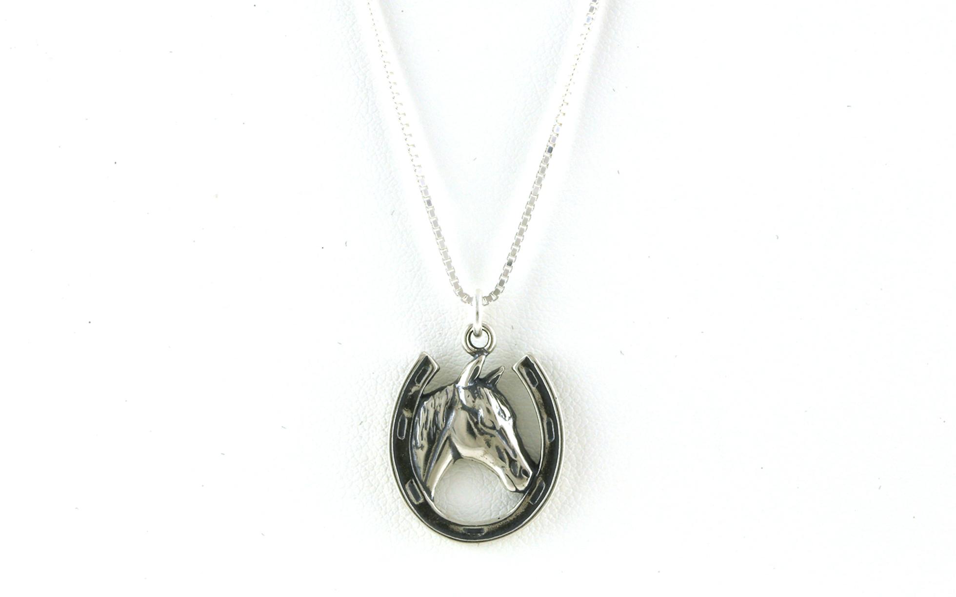 Horseshoe and Horse Head Charm Necklace in Sterling Silver