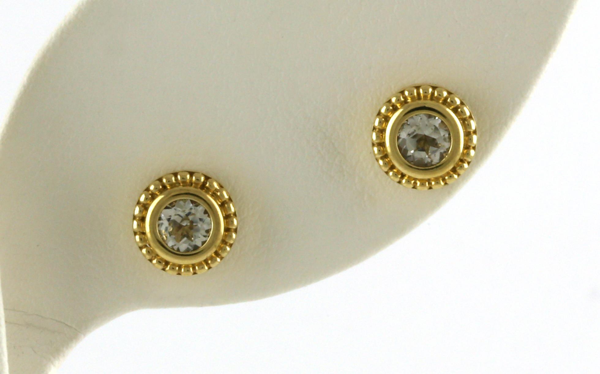 Bezel-set Beaded Halo White Topaz Earrings in Yellow Gold