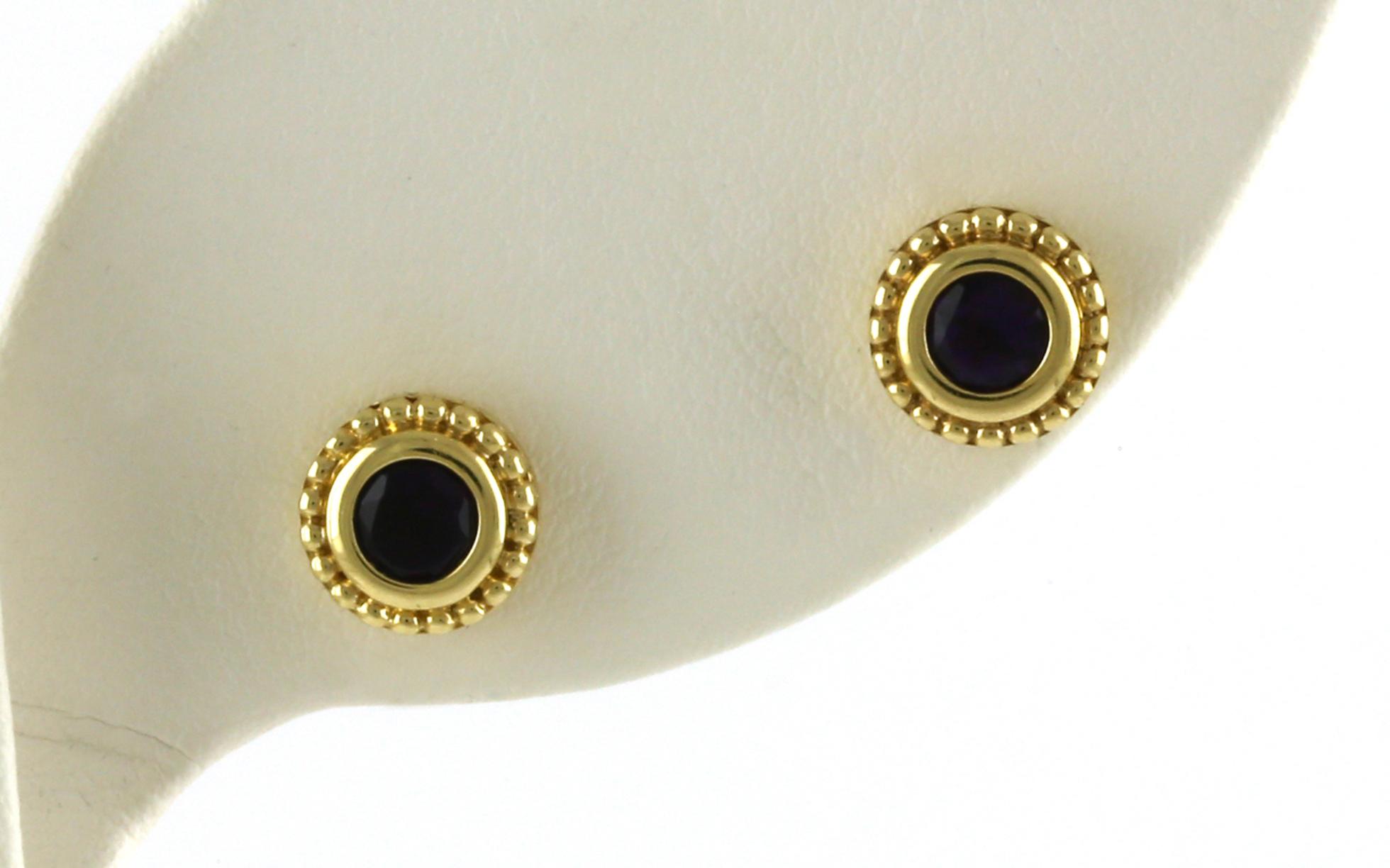 Bezel-set Beaded Halo Amethyst Stud Earrings in Yellow Gold