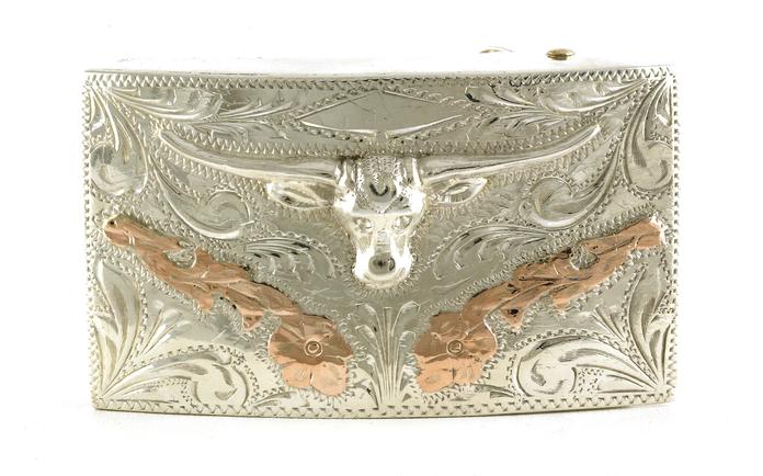 content/products/Estate Piece: Longhorn Belt Buckle with Engraved Details in Two-tone Rose Gold and Sterling Silver