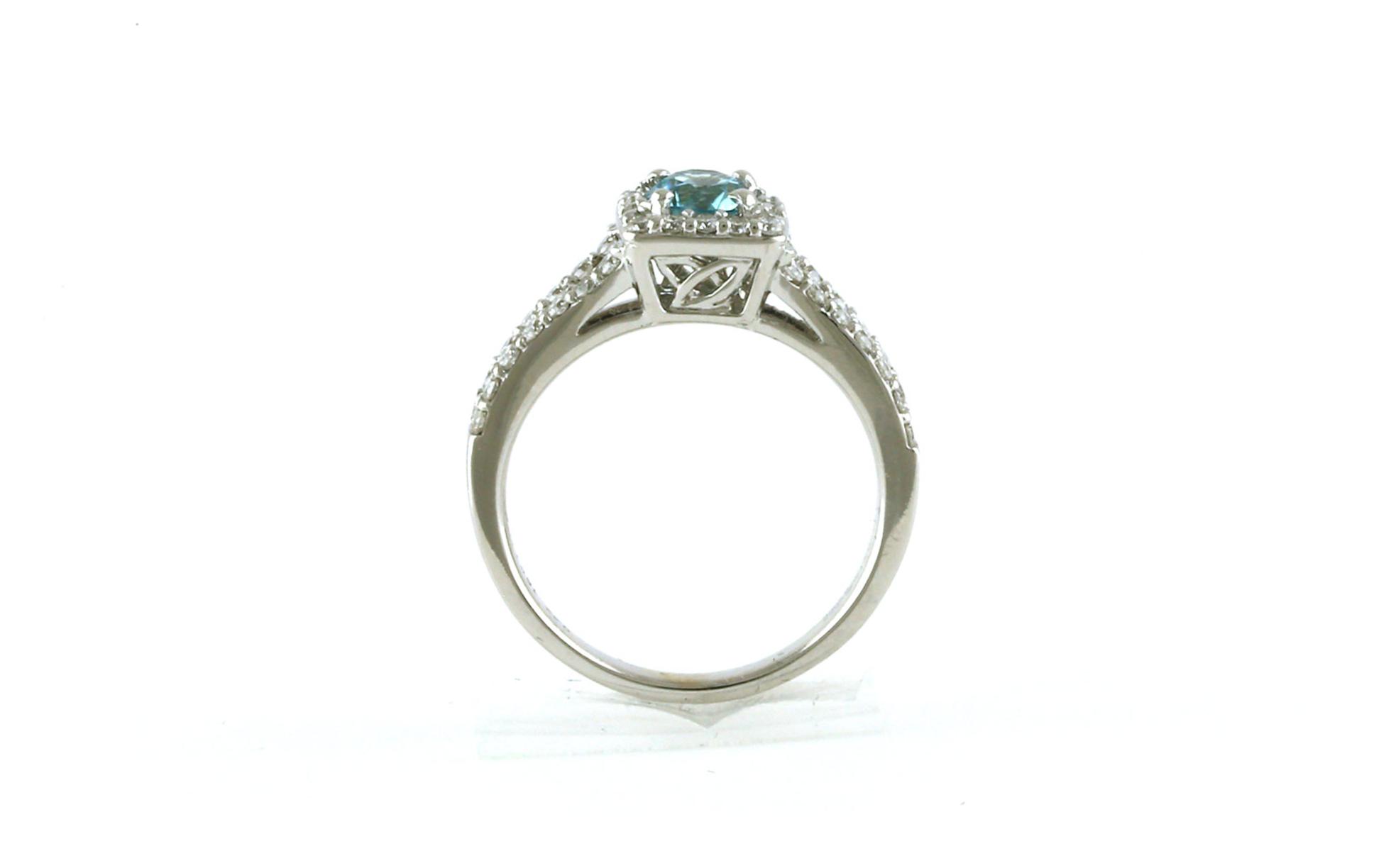 Estate Piece: Cushion-Halo Split-Shank Blue Zircon and Diamond Ring in White Gold (1.02cts TWT)