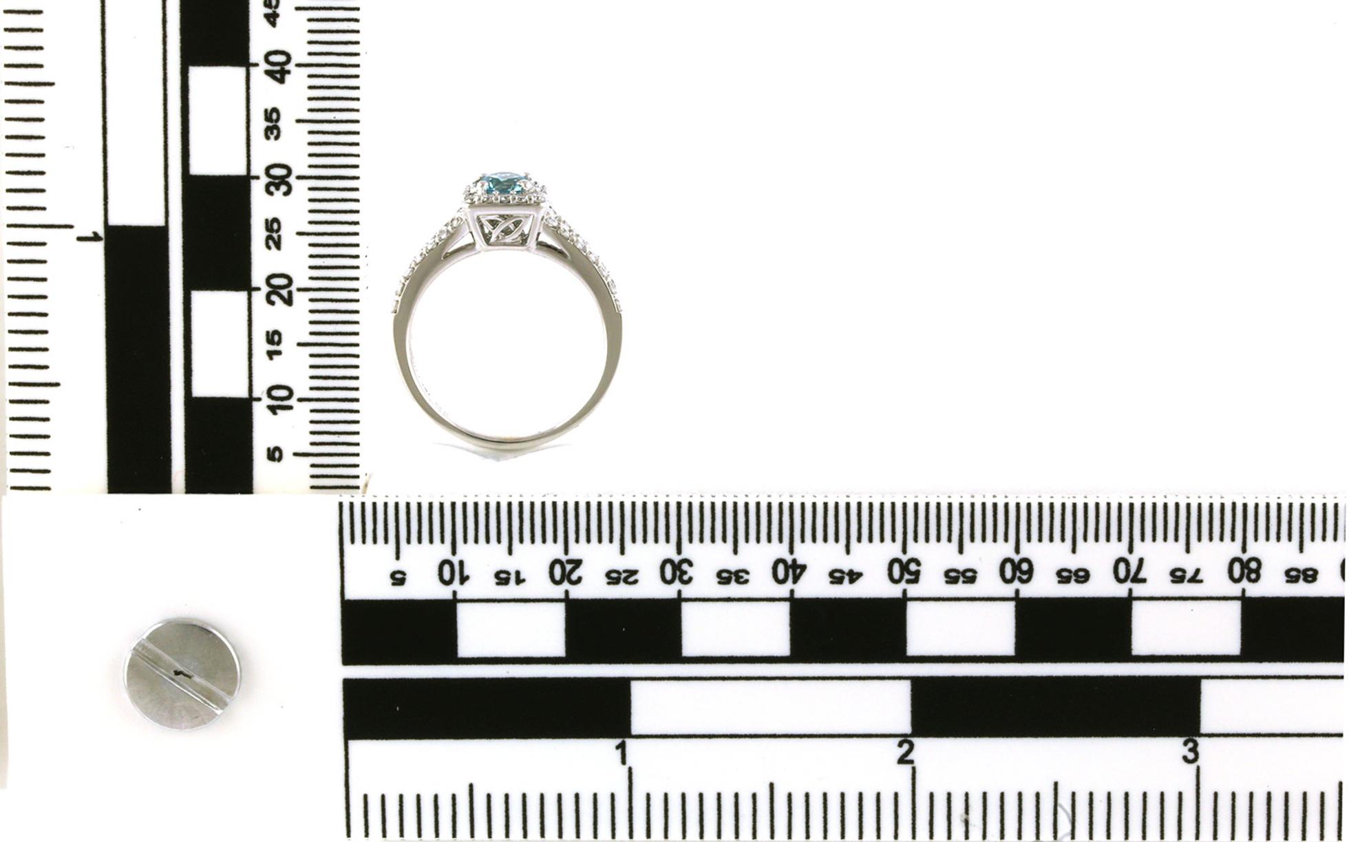 Estate Piece: Cushion-Halo Split-Shank Blue Zircon and Diamond Ring in White Gold (1.02cts TWT)