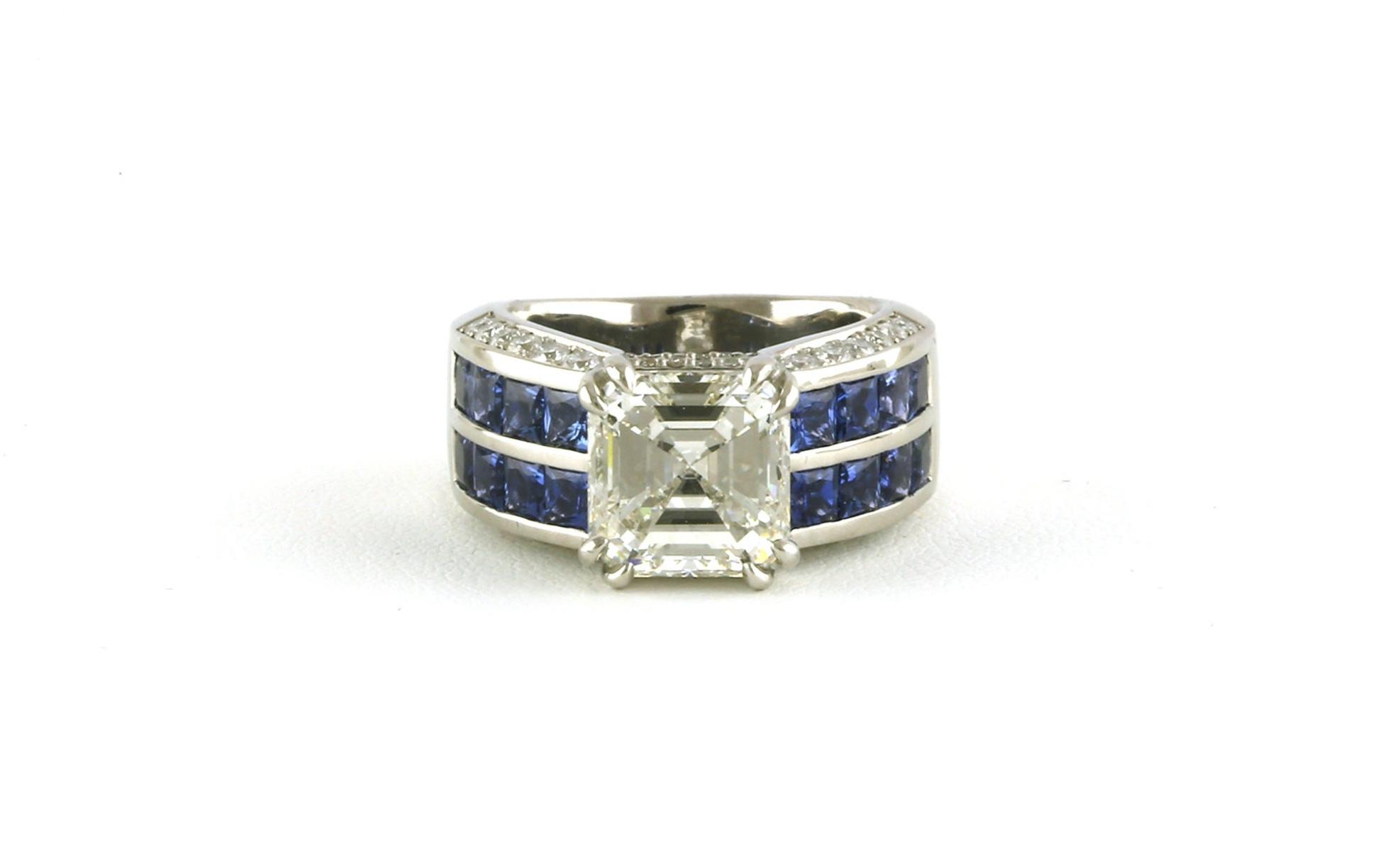 Wide Square Emerald-cut Diamond and 2 Row Channel-set Montana Yogo Sapphire Ring in Platinum (7.89cts TWT)