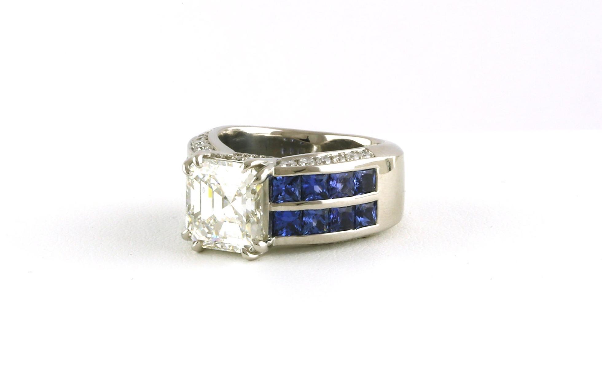 Wide Square Emerald-cut Diamond and 2 Row Channel-set Montana Yogo Sapphire Ring in Platinum (7.89cts TWT) angled