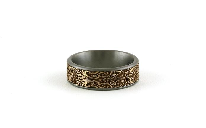 content/products/Flat Comfort Fit Wedding Band with Script Texture Center in Yellow Gold and Grey Tantalum Edge (sz 10)