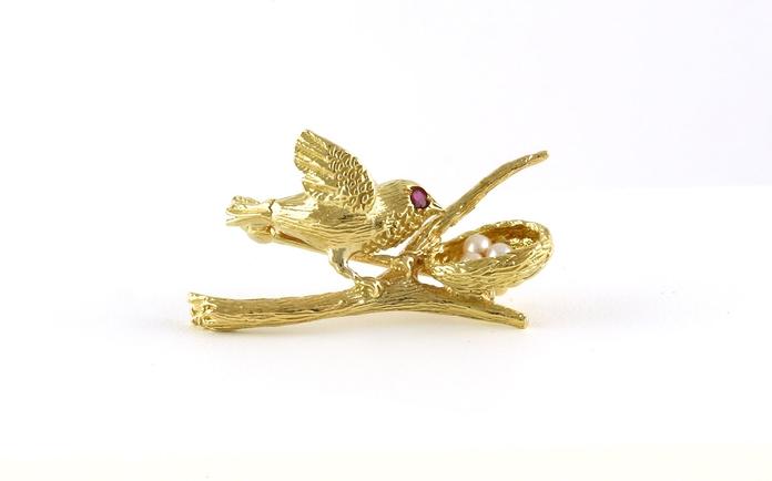 content/products/Estate Piece: Bird on Branch with Nest of Pearls Pin with Ruby Eye in Yellow Gold