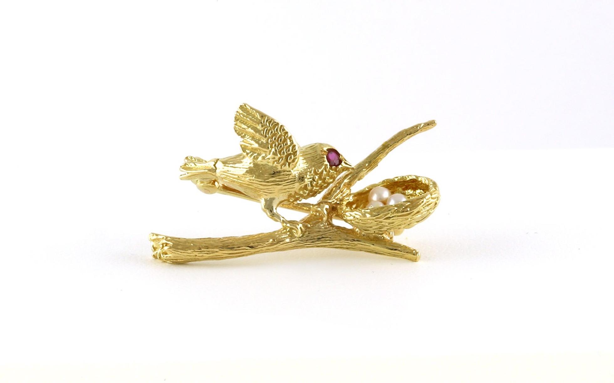 Estate Piece: Bird on Branch with Nest of Pearls Pin with Ruby Eye in Yellow Gold