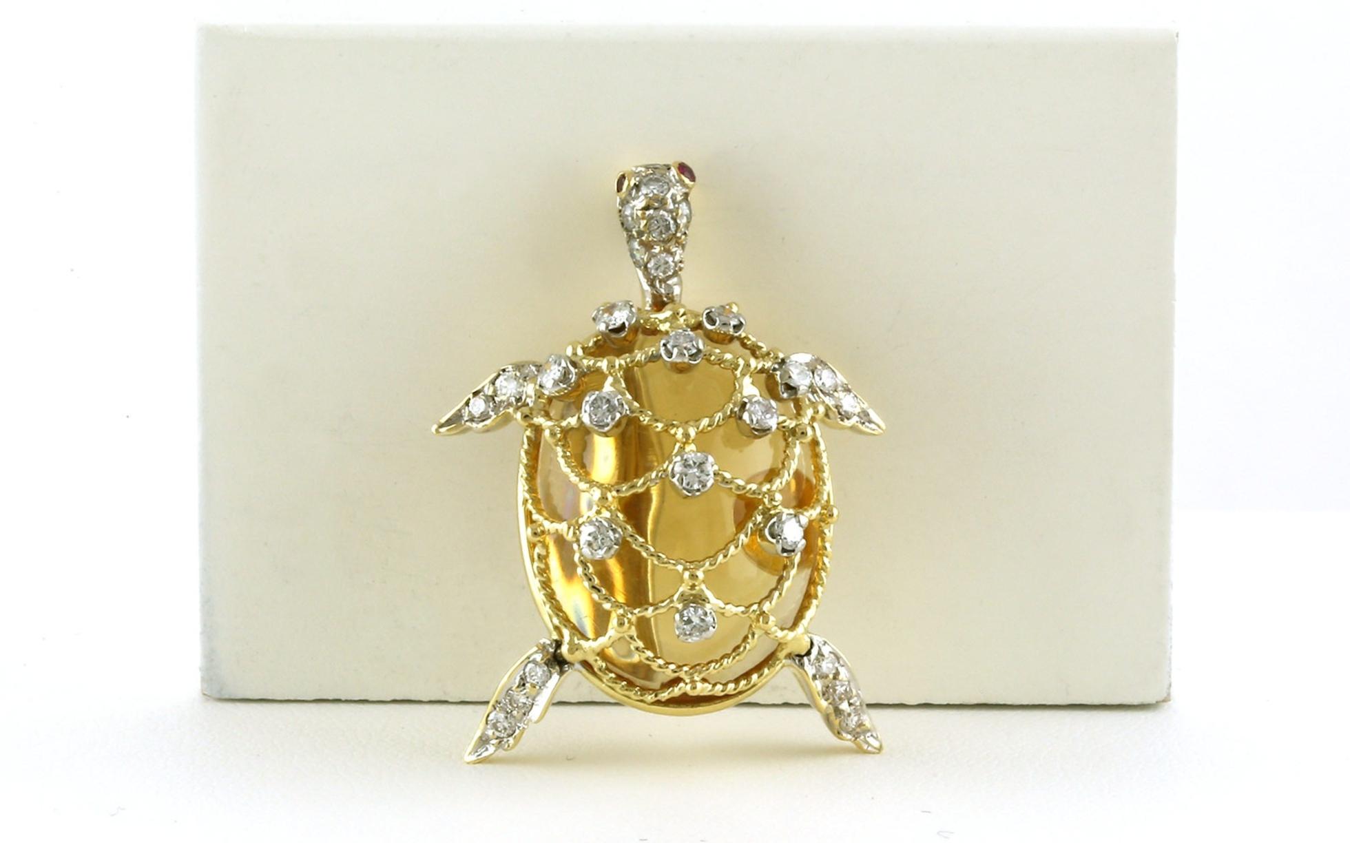Estate Piece: Turtle Citrine and Diamond Pin with Ruby Eye in Yellow Gold