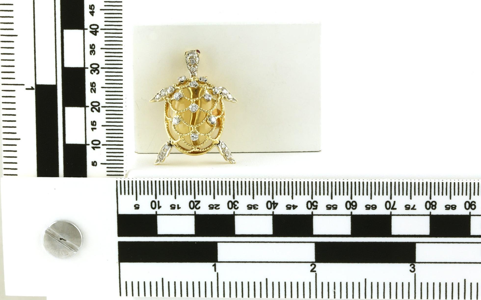 Estate Piece: Turtle Citrine and Diamond Pin with Ruby Eye in Yellow Gold scale