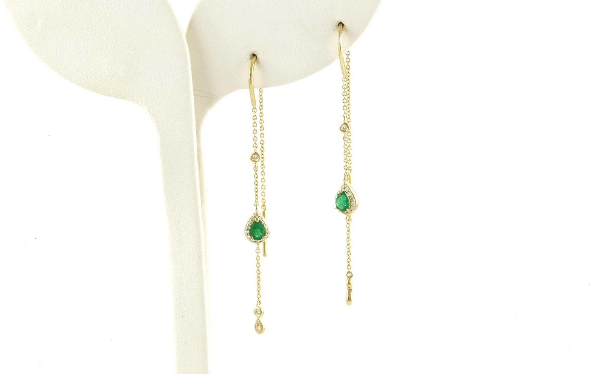 Halo-style Pear-cut Emerald and Diamond Threader Earrings in Yellow Gold (0.55cts TWT)