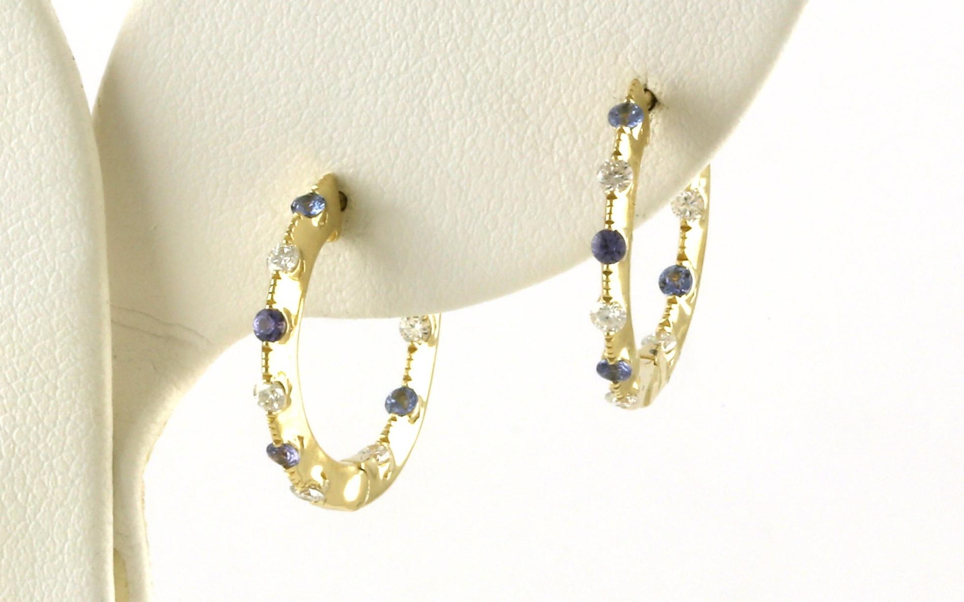 Inside Outside Alternating Montana Yogo Sapphire and Diamond Hoop Earrings with Milgrain Detail in Yellow Gold (0.50cts TWT)