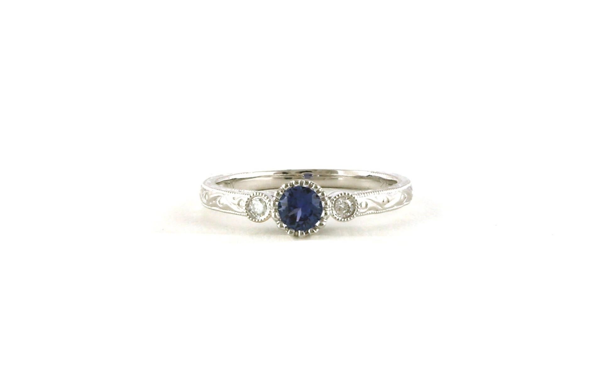 3-Stone Bezel-set Montana Yogo Sapphire and Diamond Ring with Hand Engraving and Milgrain Detail in White Gold (0.26cts TWT)