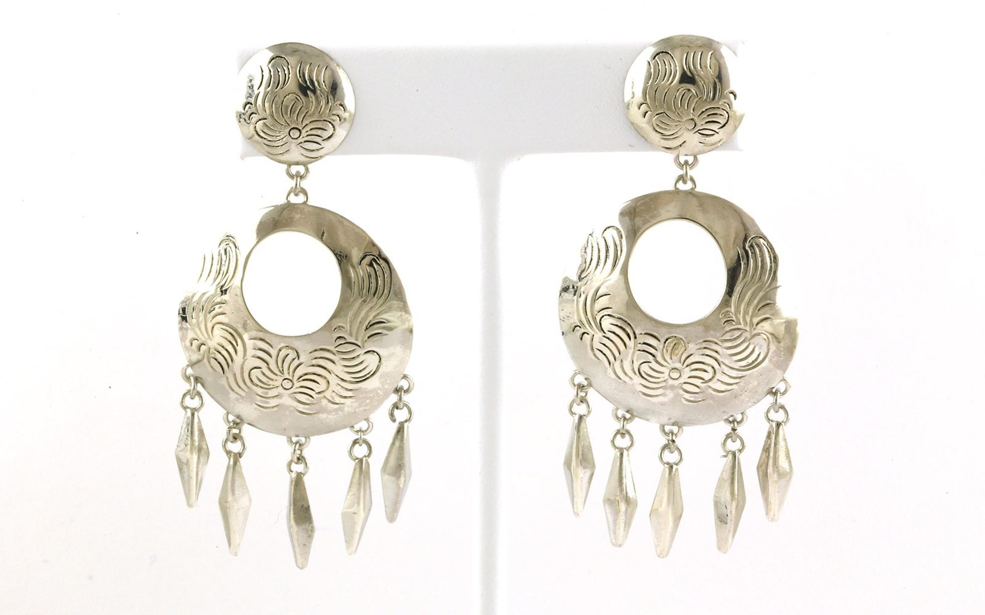 Estate Piece: Circles and Dangles Earrings with Engraved Line Details in Sterling Silver