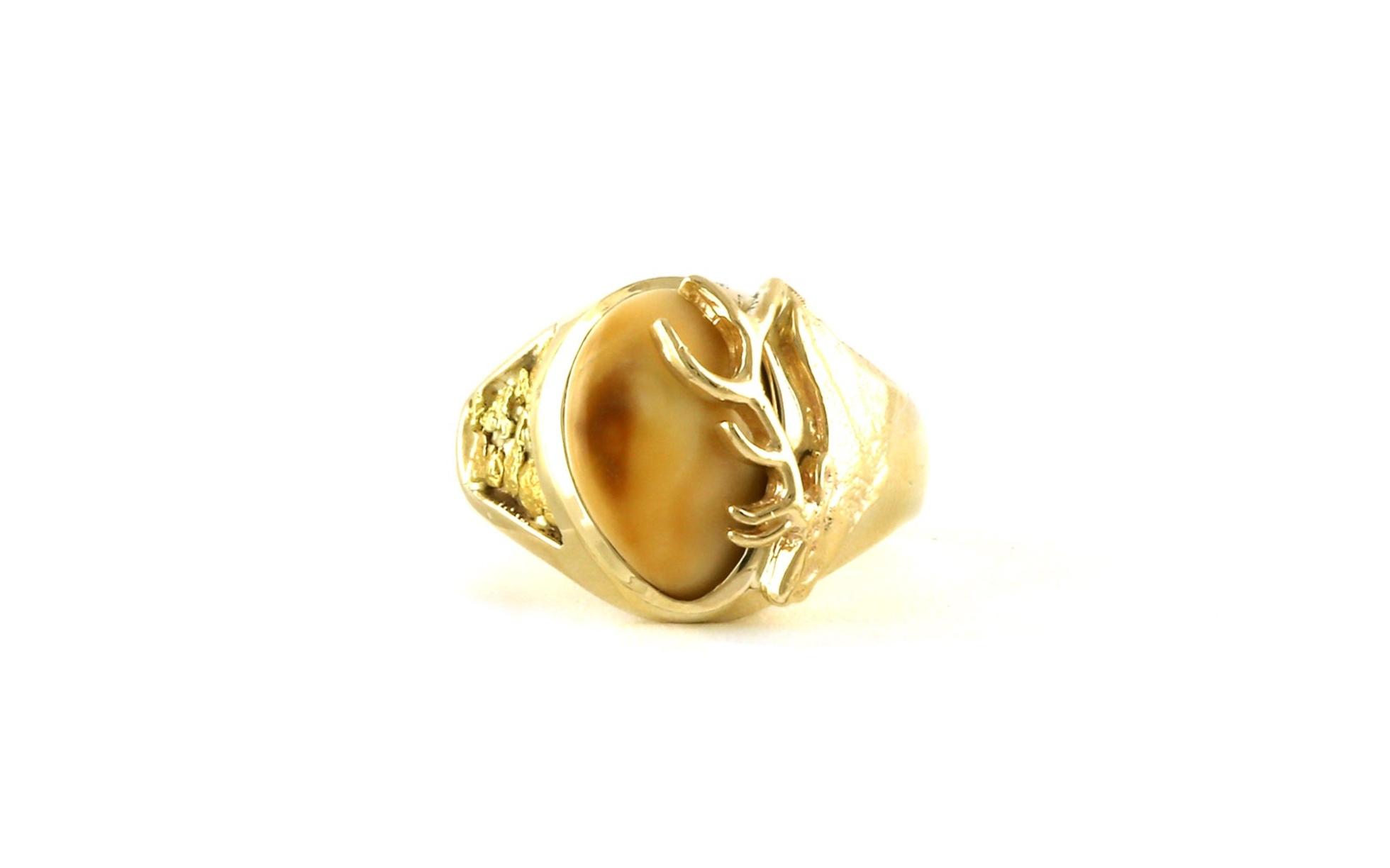 Estate Piece: Bezel-set Elk Ivory Ring with Gold Nugget and Elk Head Details in Yellow Gold