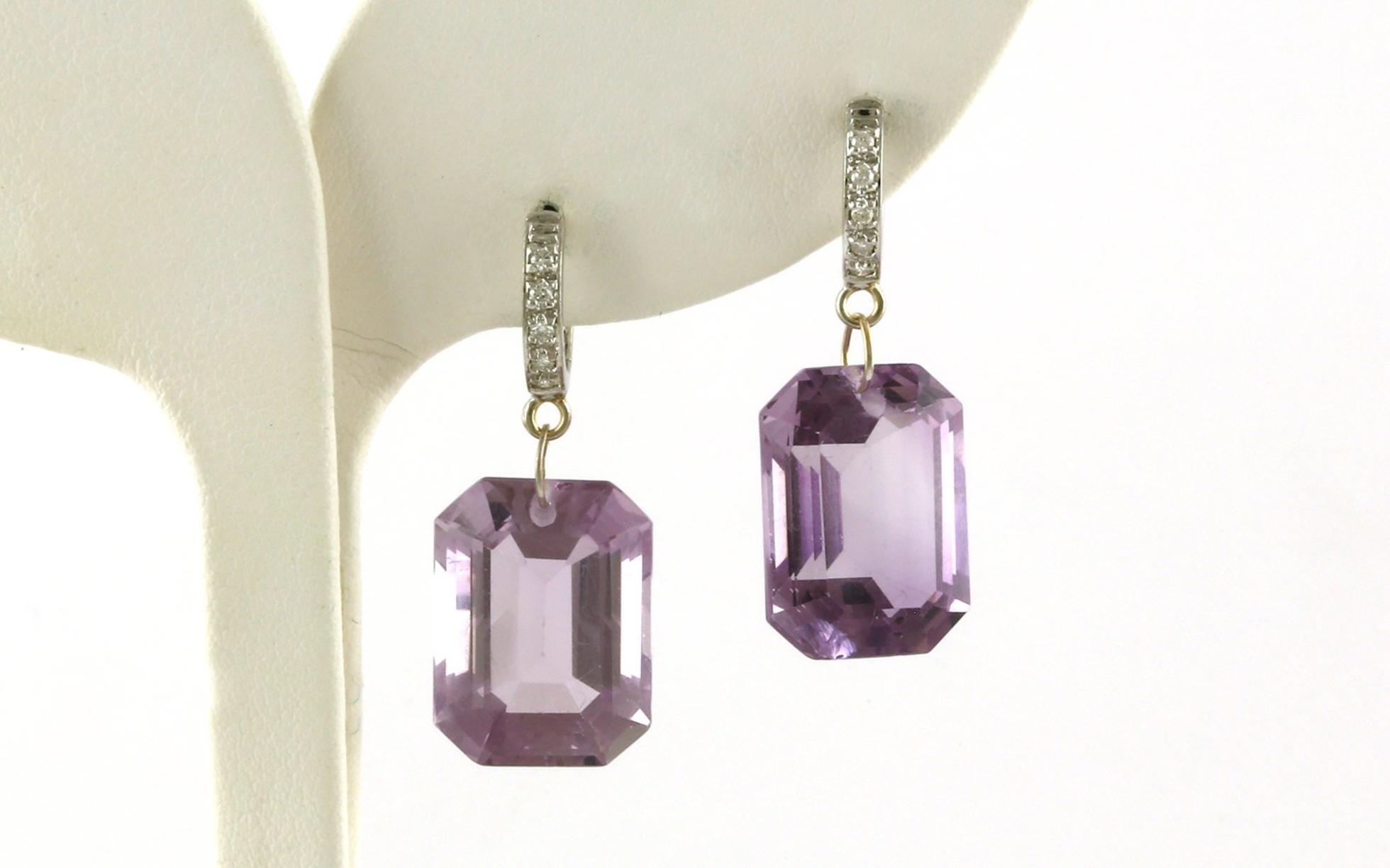 Estate Piece: Laser Drilled Emerald-cut Amethyst and Diamond Dangle Earrings in White Gold