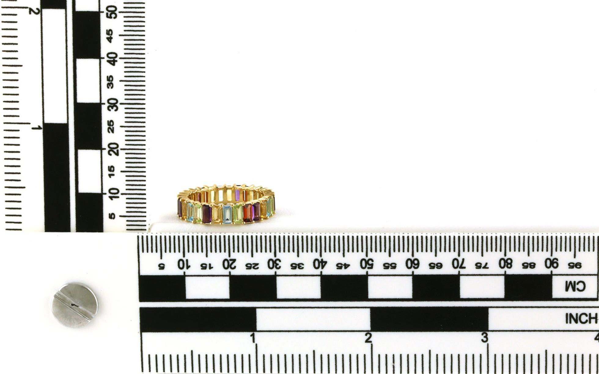 Rainbow Baguette-cut Amethyst, Garnet, Citrine, Aquamarine, and Peridot Eternity Band in Yellow Gold scale