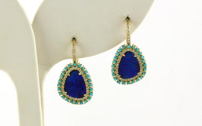 content/products/Double Halo Opal with Turquoise and Diamond Dangle Earrings in Yellow Gold (1.96cts TWT)