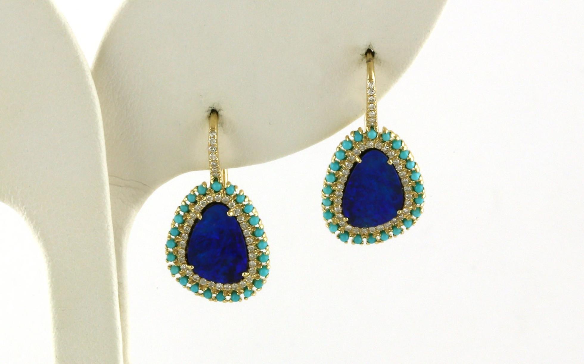 Double Halo Opal with Turquoise and Diamond Dangle Earrings in Yellow Gold (1.96cts TWT)