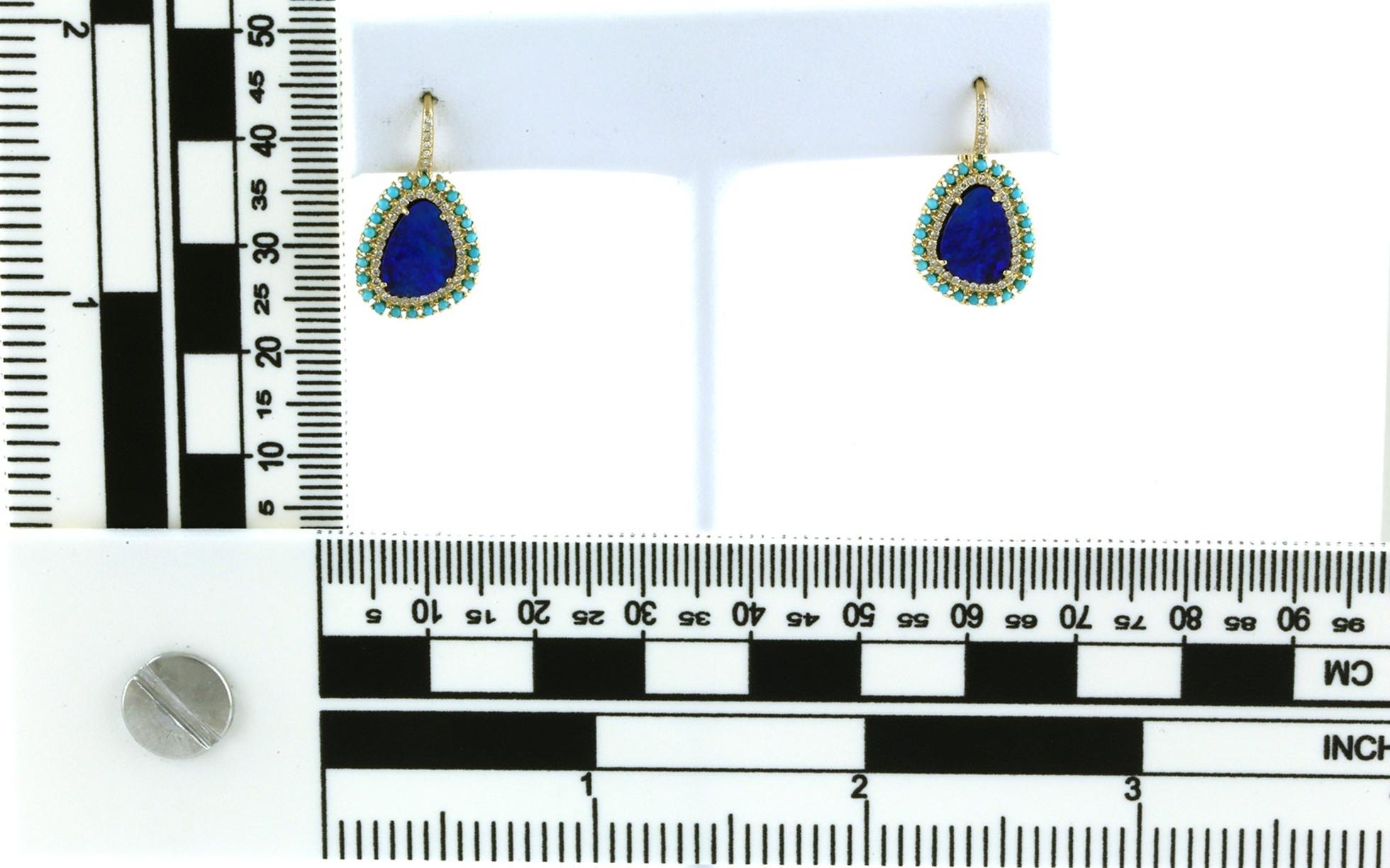 Double Halo Opal with Turquoise and Diamond Dangle Earrings in Yellow Gold (1.96cts TWT) scale