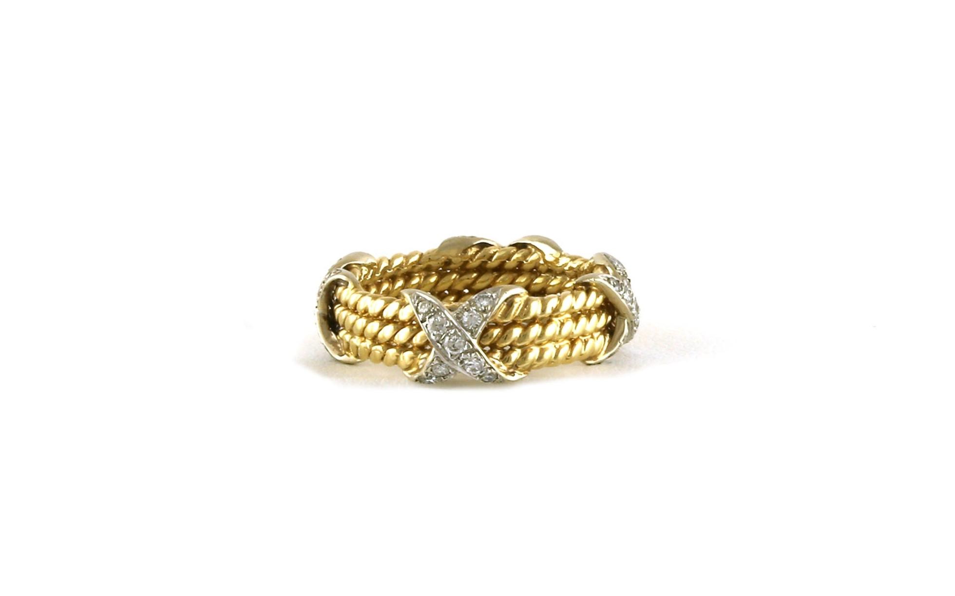 Estate Piece: 3-Row Rope X-Ties Diamond Ring in Two-tone Yellow and White Gold (0.36cts TWT)