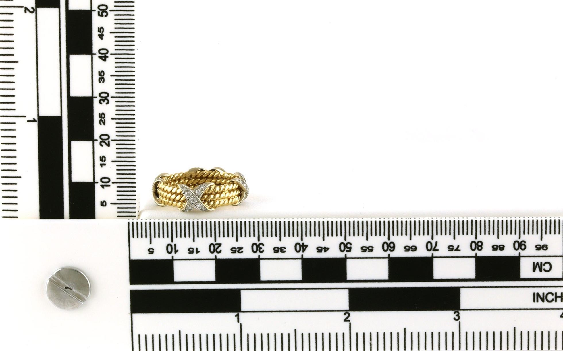 Estate Piece: 3-Row Rope X-Ties Diamond Ring in Two-tone Yellow and White Gold (0.36cts TWT) scale