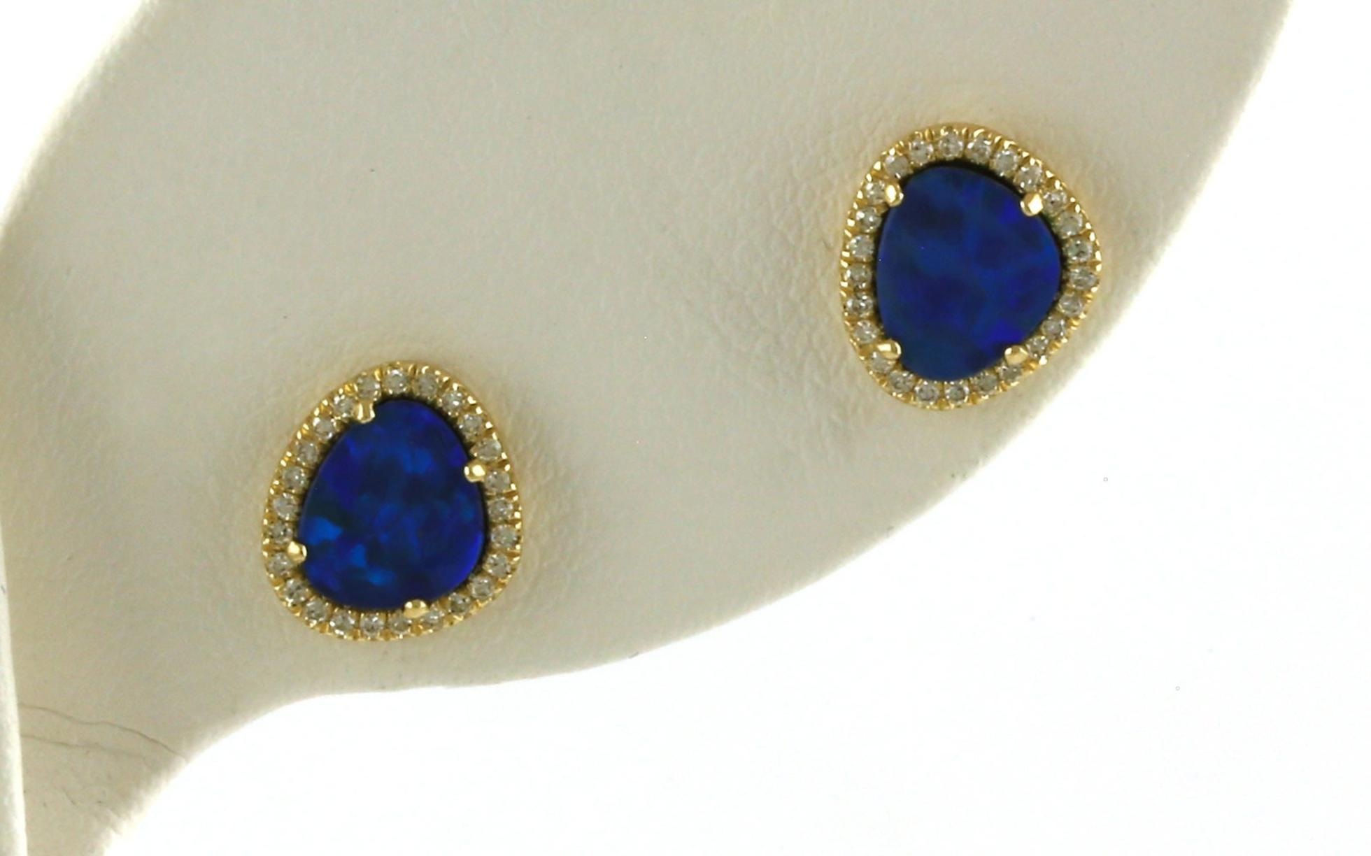 Halo-style Opal Doublet and Diamond Stud Earrings in Yellow Gold (0.91cts TWT)