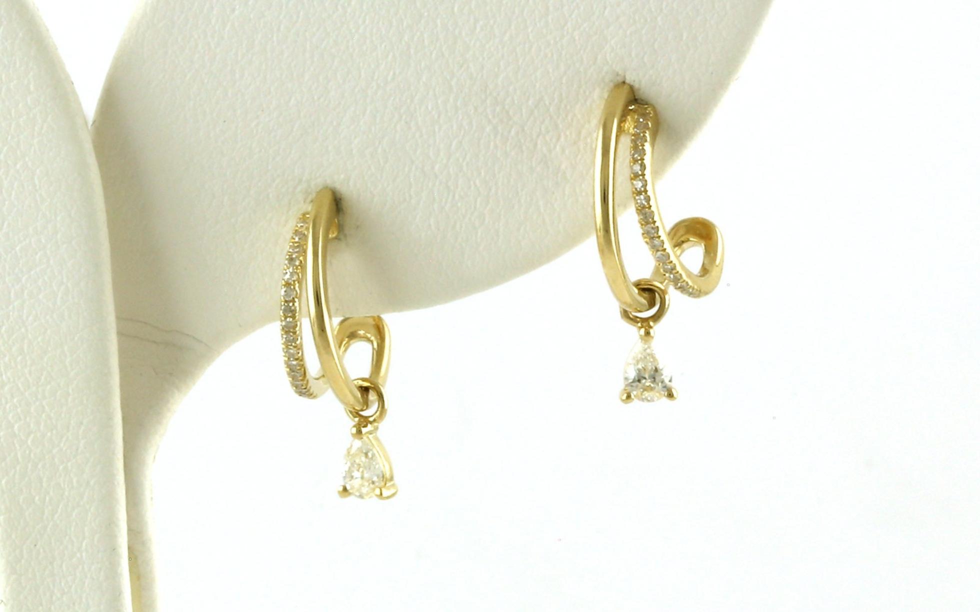 Double Diamond J-Hoop Earrings with Pear-cut Diamond Dangle in Yellow Gold (0.31cts TWT) scale