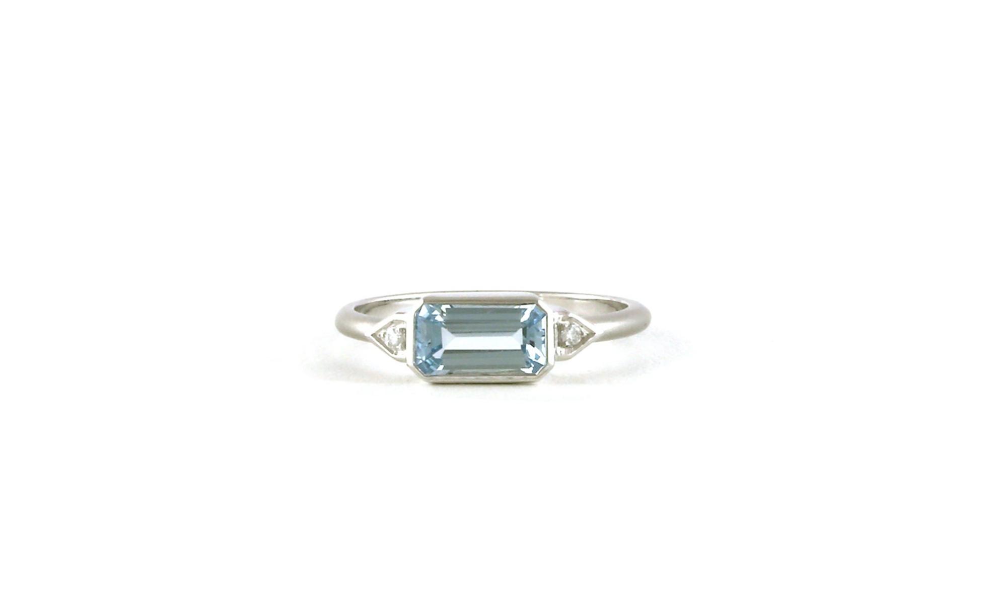 3-Stone Sideways Bezel-set Emerald-cut Aquamarine and Diamond Ring in White Gold 