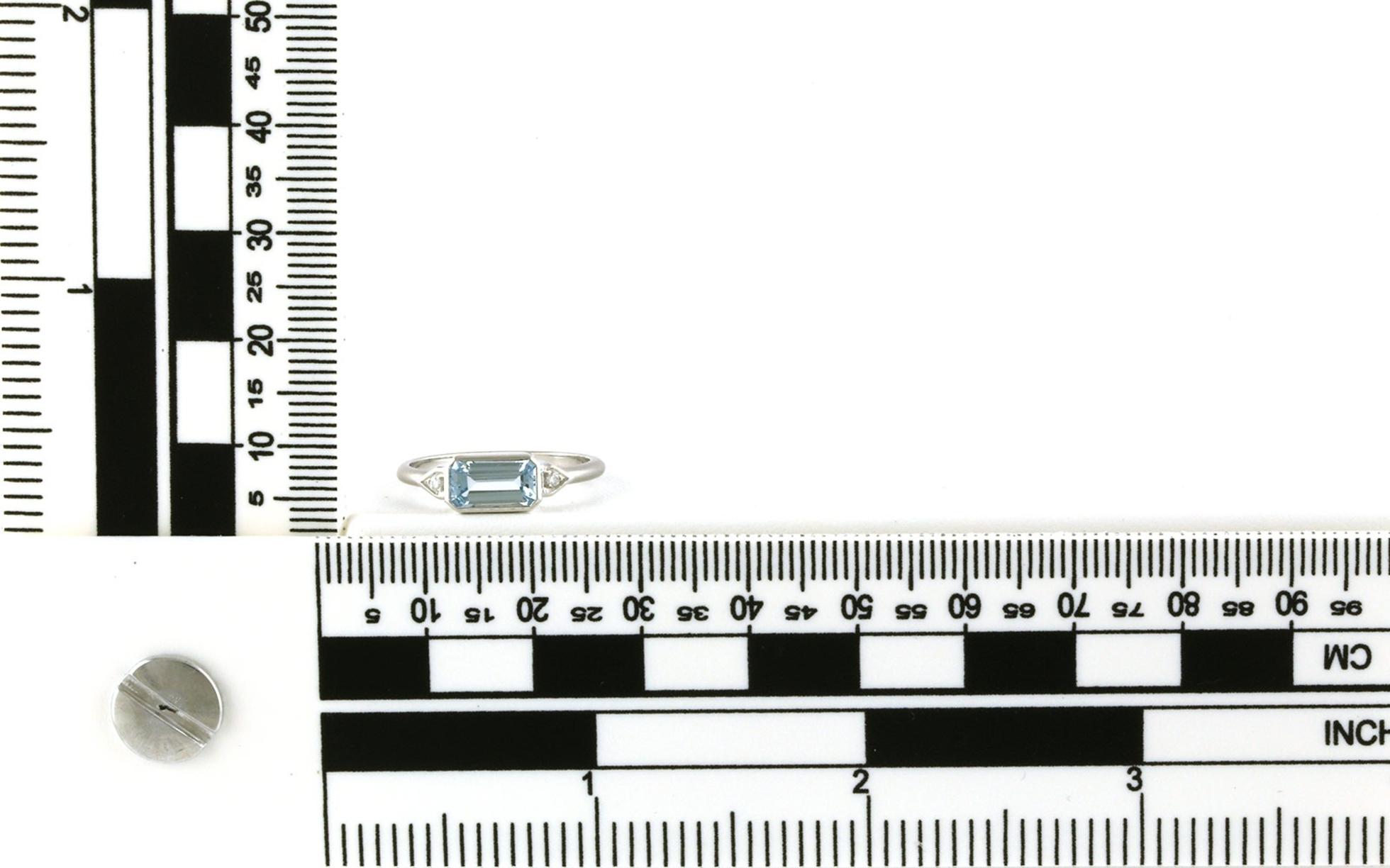 3-Stone Sideways Bezel-set Emerald-cut Aquamarine and Diamond Ring in White Gold  scale