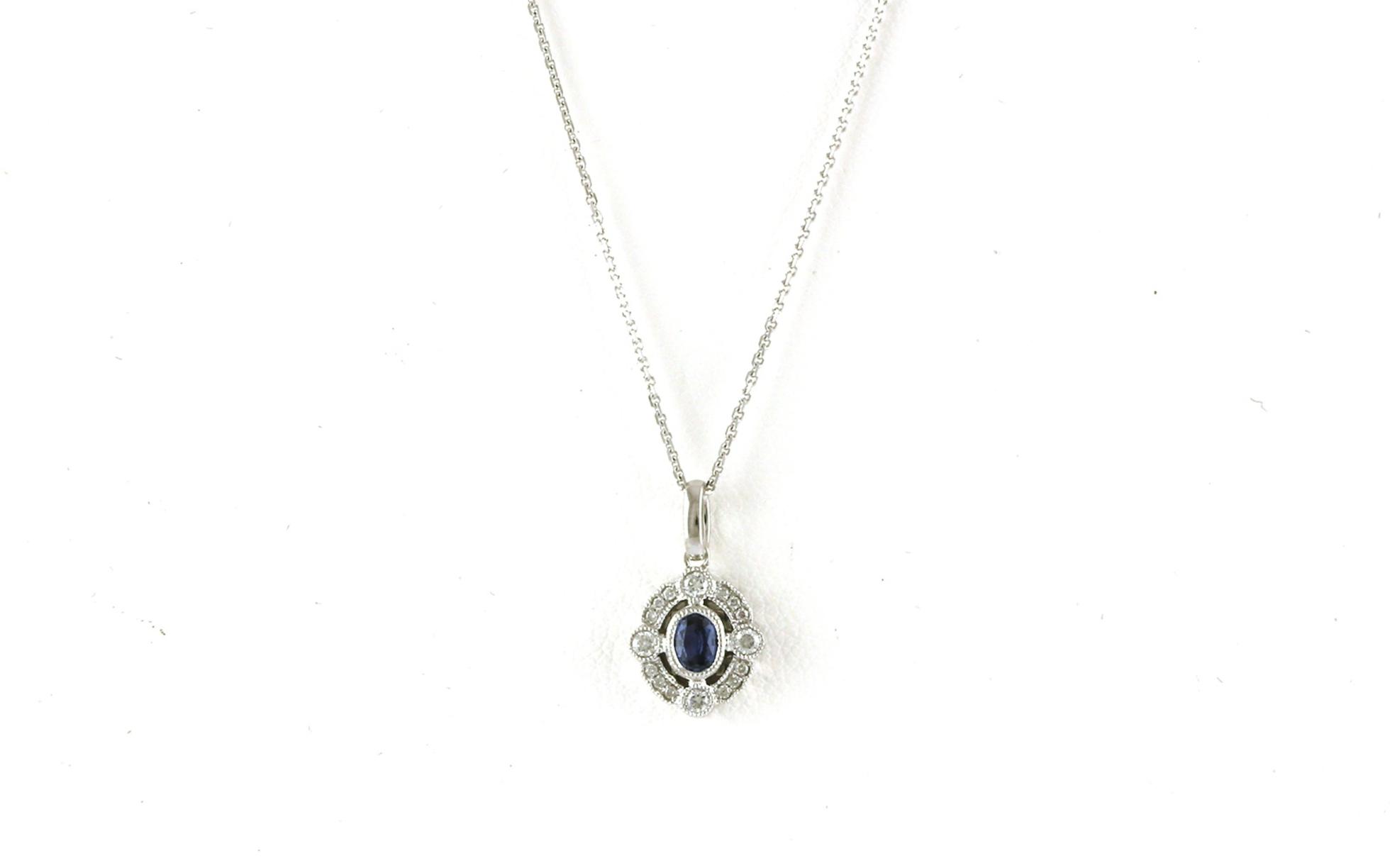 Vintage-style Halo Oval Montana Yogo Sapphire and Diamond Necklace in White Gold (0.28cts TWT)