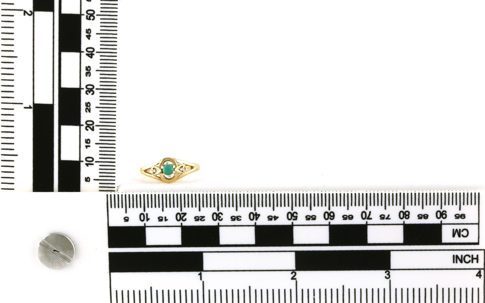 Estate Piece: Petite 3-Stone Turquoise and Diamond Ring in Yellow Gold scale