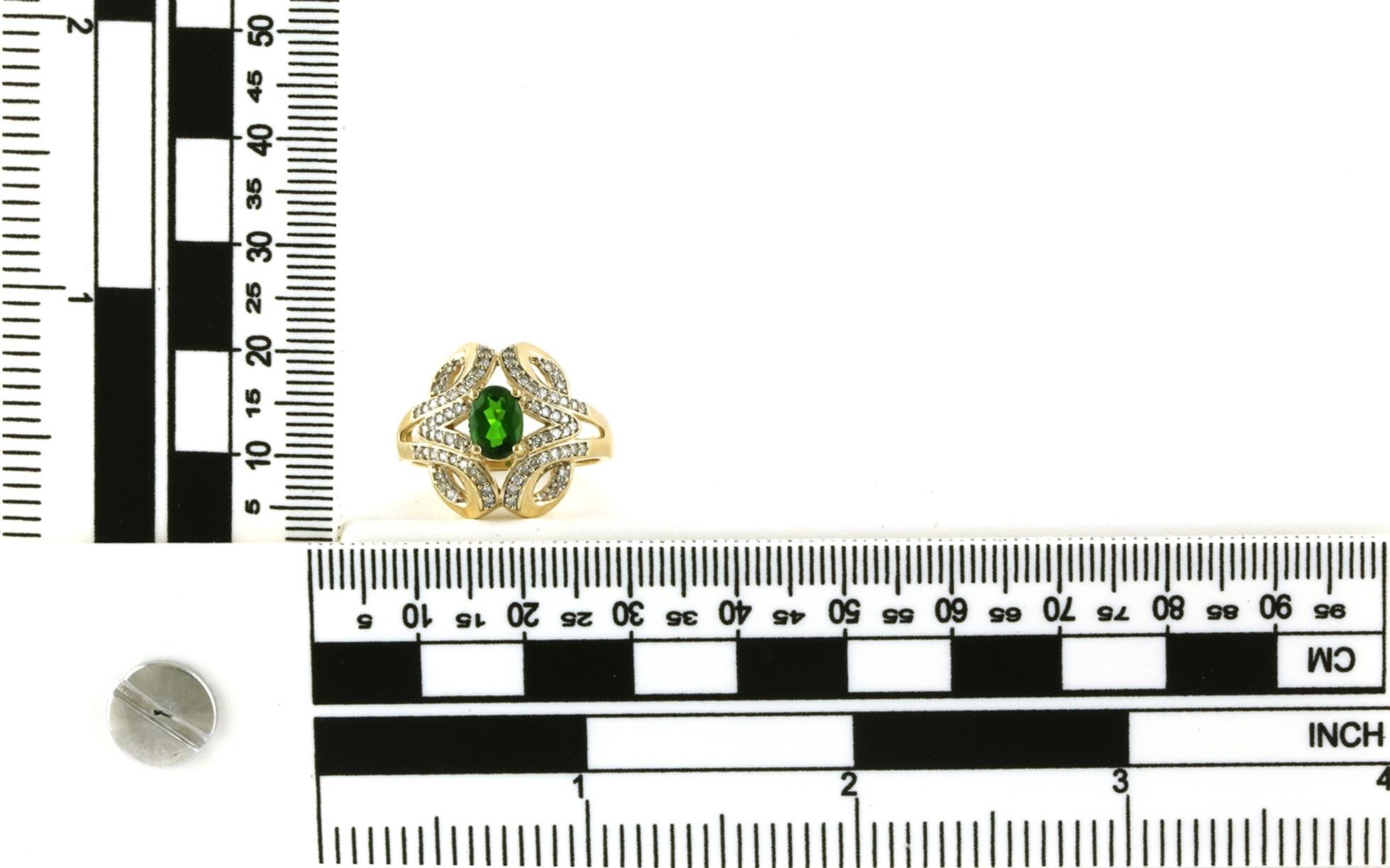 Estate Piece: Knot-style Cluster Oval Green Tourmaline and Diamond Ring in Yellow Gold scale