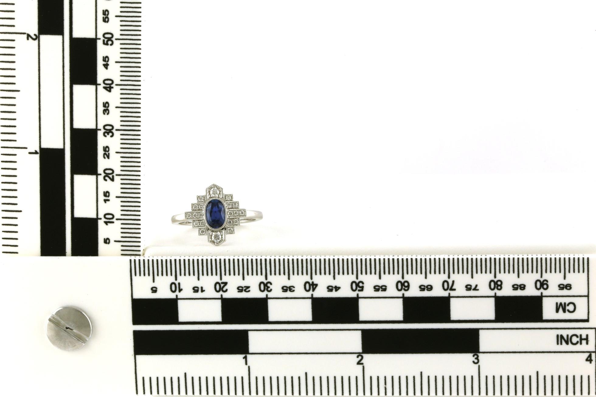 Deco-style Halo Montana Yogo Sapphire and Diamond Ring in White Gold (0.79cts TWT) Scale