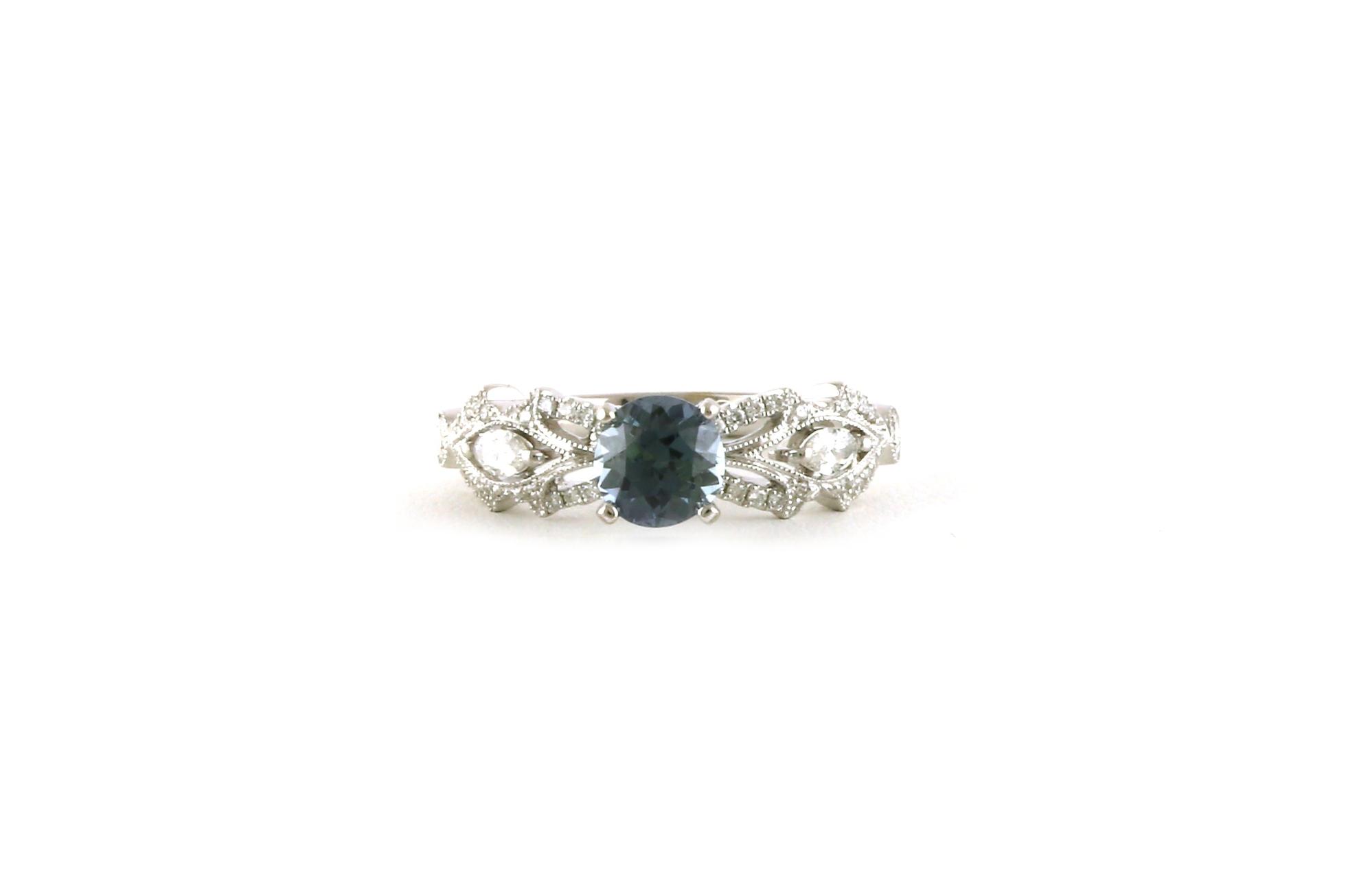 4-Prong with Marquise Filigree Shank Montana Sapphire and Diamond Ring in White Gold (1.61cts TWT)