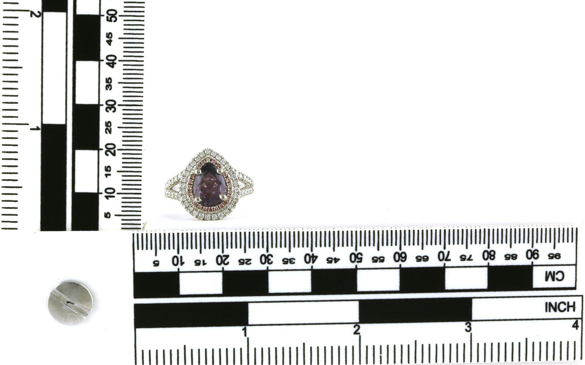 Double Halo Pear-cut Color-change Purple-Pink Montana Sapphire and White and Pink Diamond Ring in Platinum (3.55cts TWT) scale
