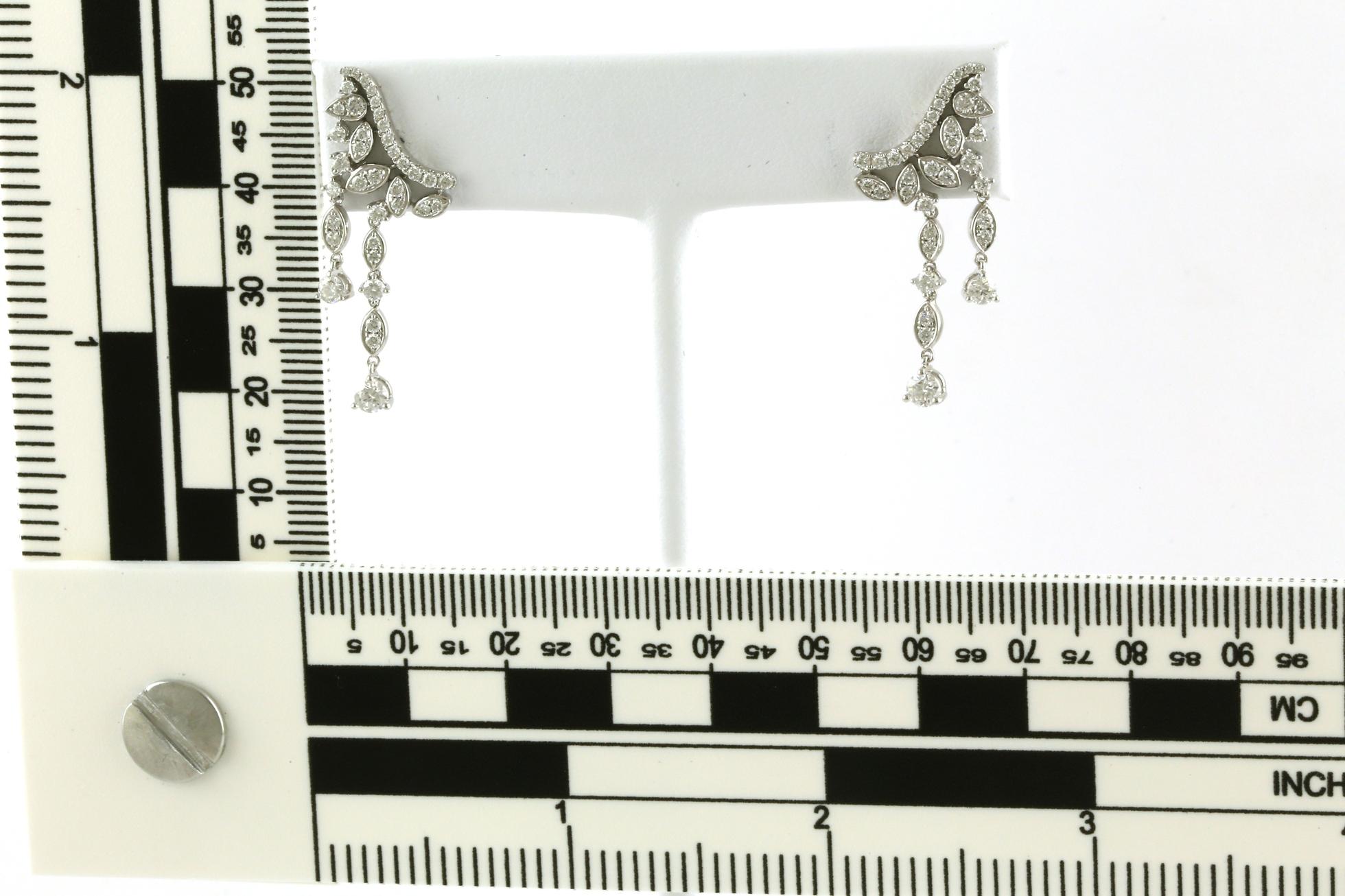 Fancy Dangling Curved Bar Diamond Earrings in White Gold (1.28cts TWT) Scale
