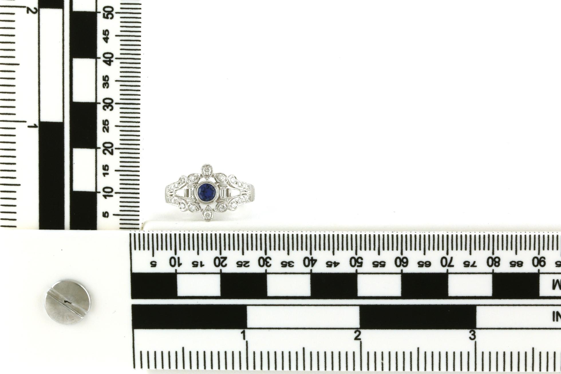 Antique Style Halo 3-Row Bezel Montana Yogo Sapphire and Diamond Ring in White Gold (0.72cts TWT) Scale