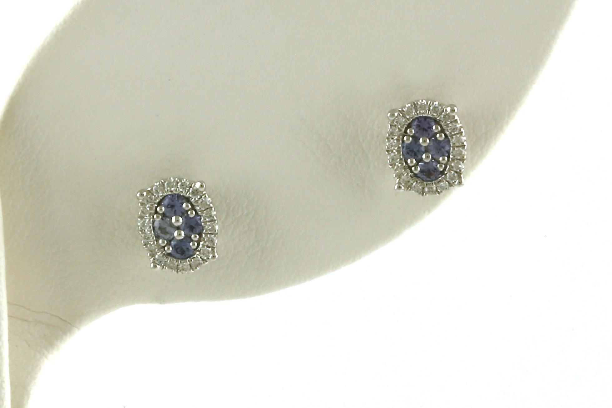 Oval Cluster Halo Montana Yogo Sapphire and Diamond Stud Earrings in White Gold (0.28cts TWT)