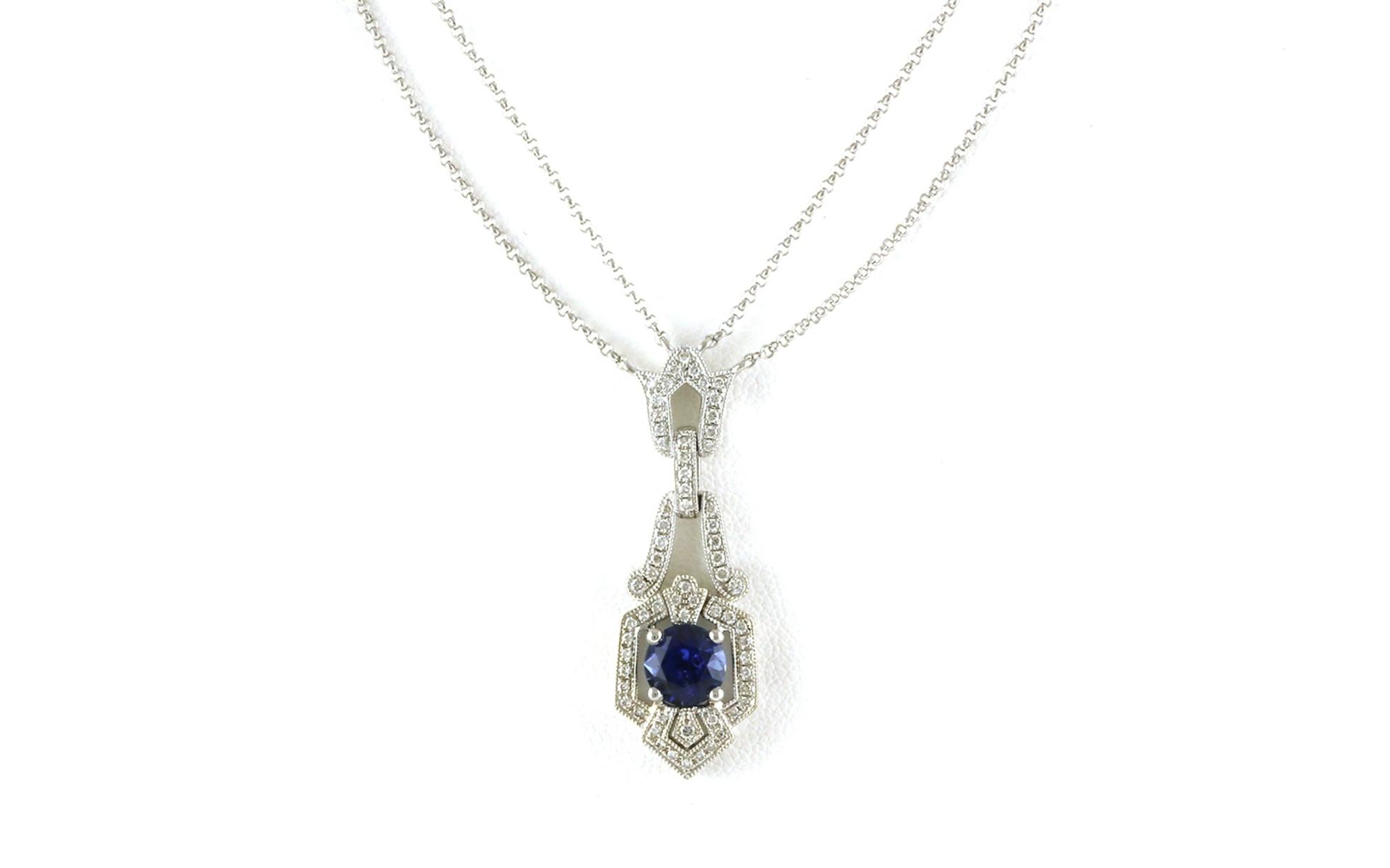 Vintage-style Drop Halo Montana Yogo Sapphire and Diamond Necklace on Double Strand Chain in White Gold (1.36cts TWT)