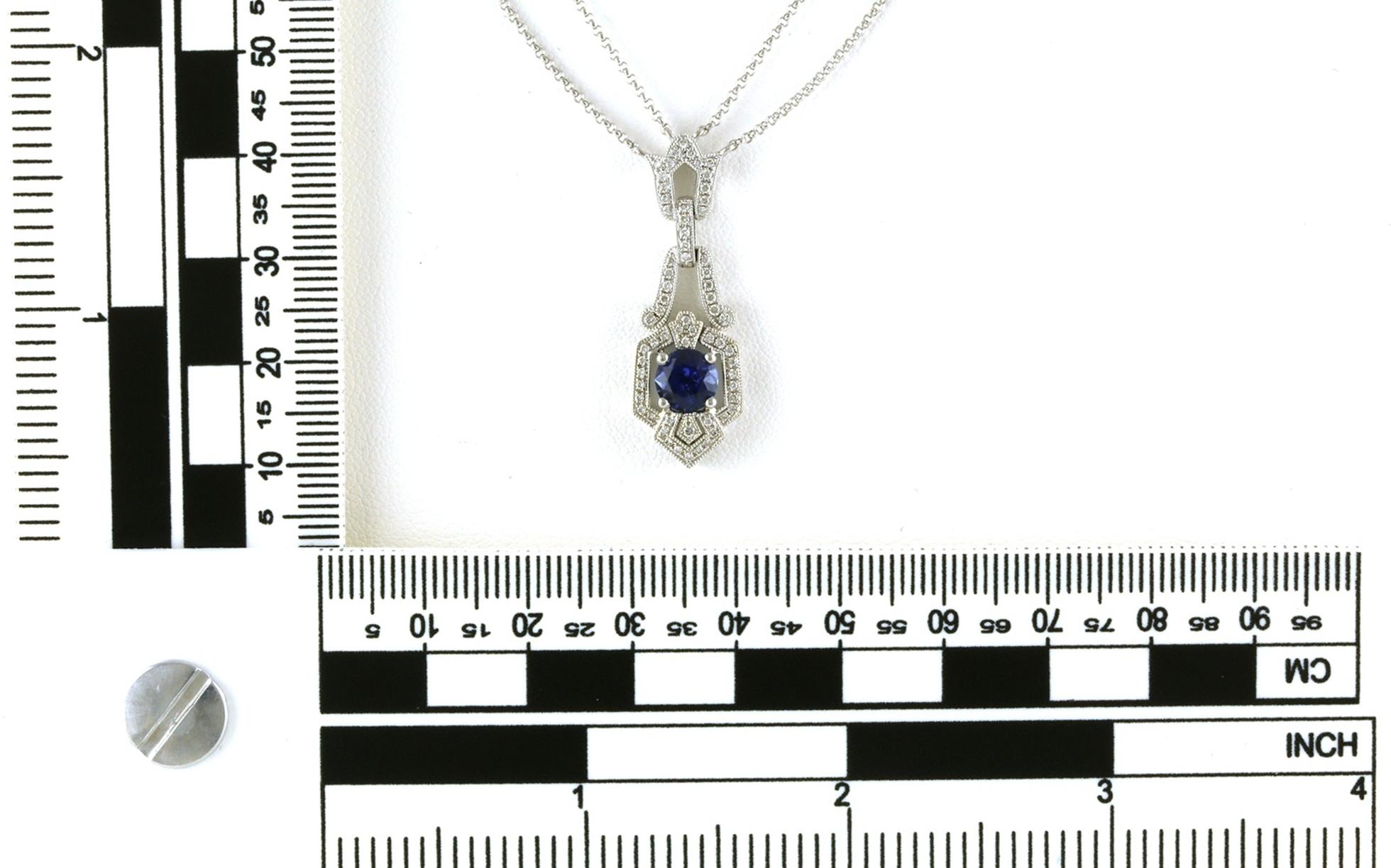 Vintage-style Drop Halo Montana Yogo Sapphire and Diamond Necklace on Double Strand Chain in White Gold (1.36cts TWT) scale
